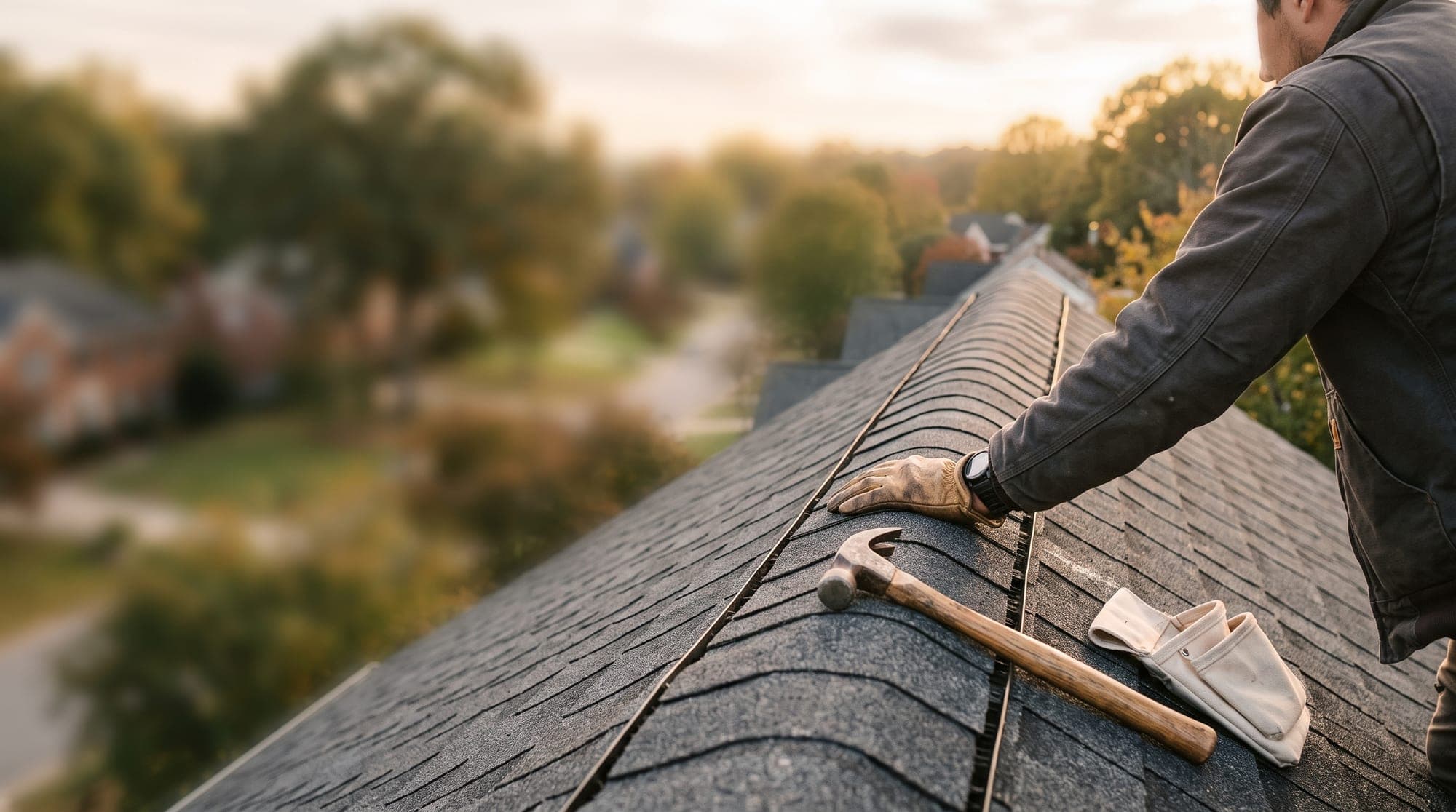 A roofer resting a gloved hand on a finished ridge cap beside his hammer and nail pouch at sunset