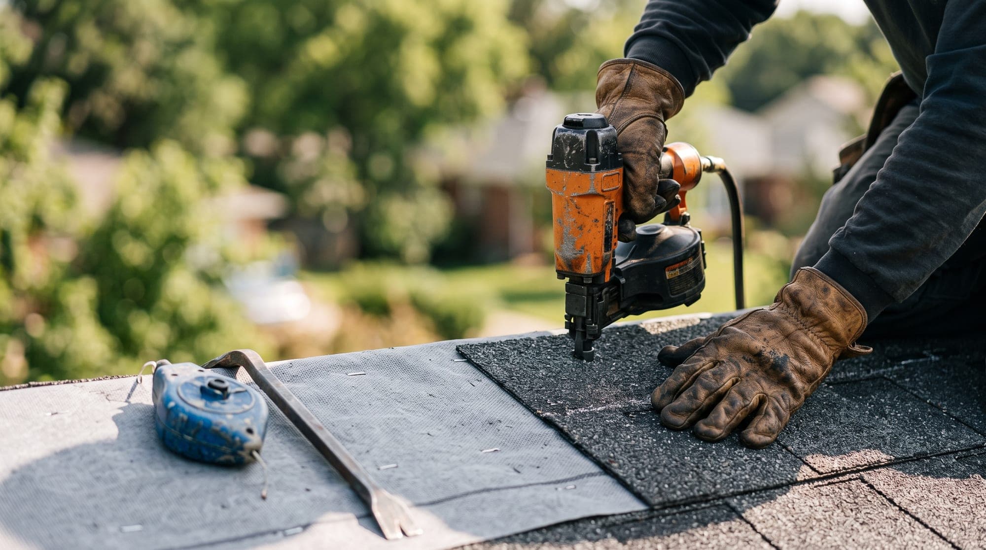 A roofer in leather work gloves nailing a new architectural shingle into place